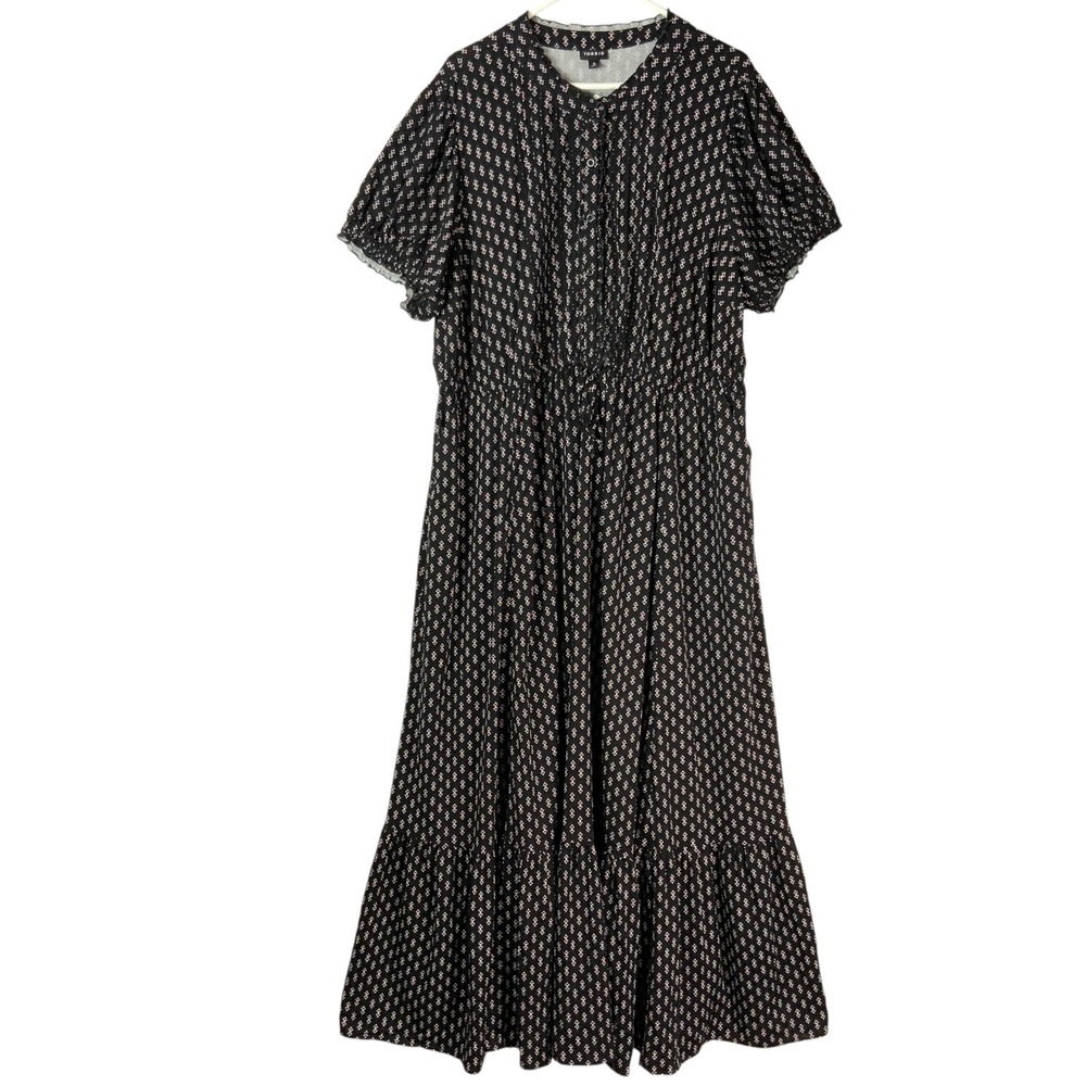 Torrid Black Geometric Maxi Stretch Pin Tuck Tiered Dress 3X Button Front NEW